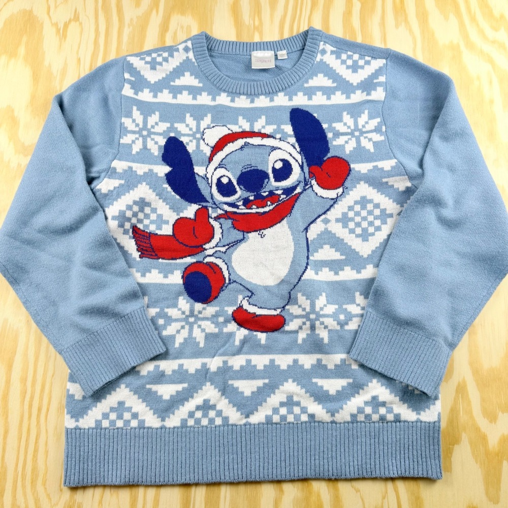 Disney Stitch Kids Holiday Fair Isle Sweater Blue Santa Hat LG L 10-12